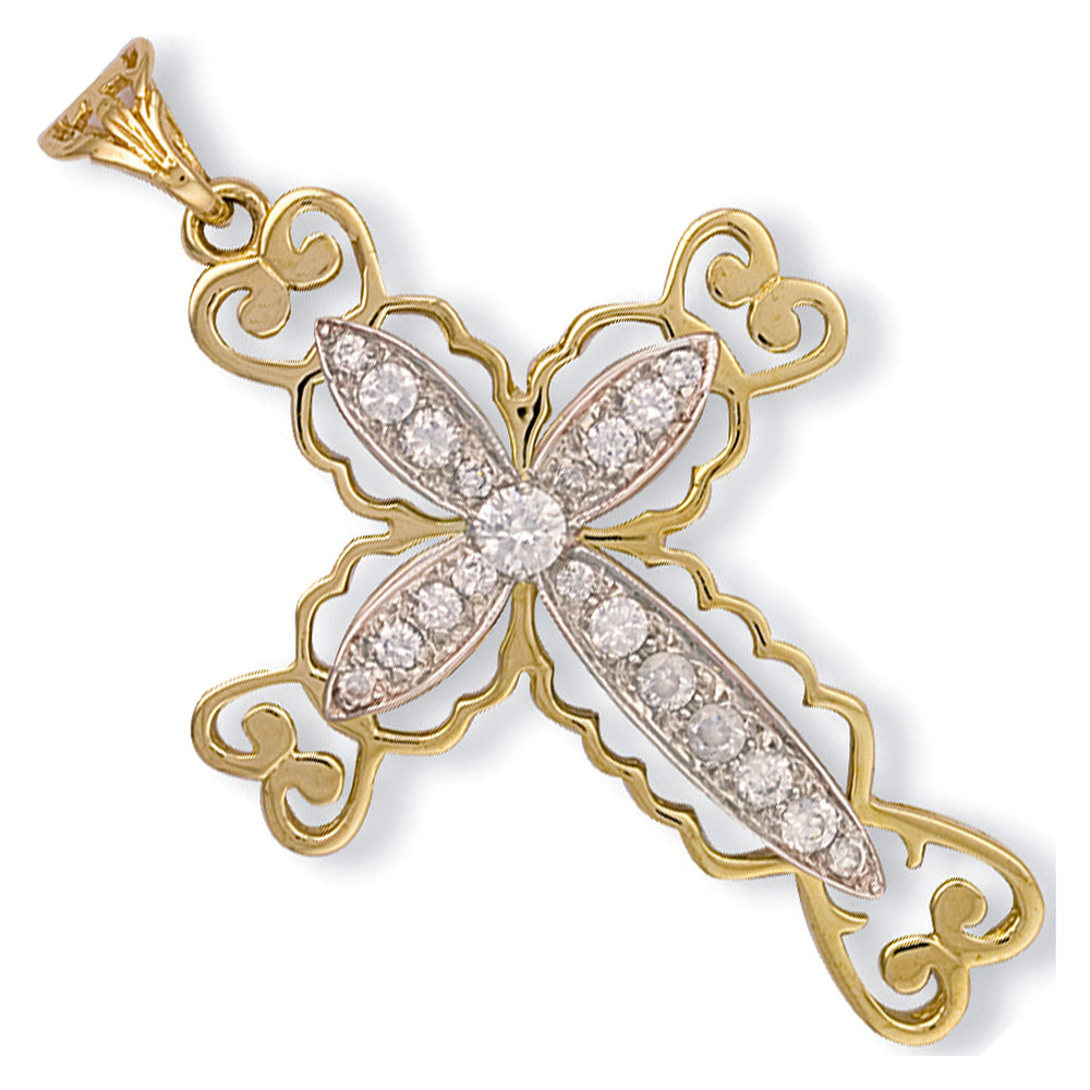 Yellow Gold Fancy Pave Set Cubic Zirconia Cross