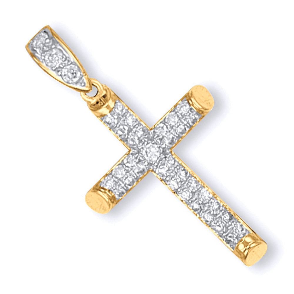 Yellow Gold Large Round Tubed Cubic Zirconia Cross