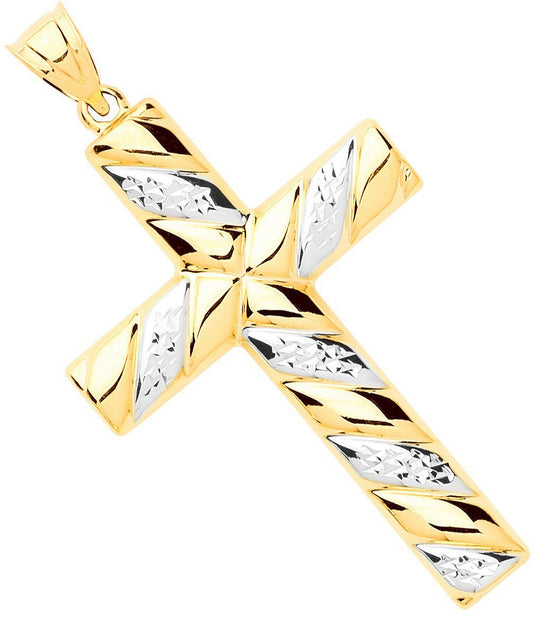 Yellow & White Gold Hollow Tube Ribbed Cross