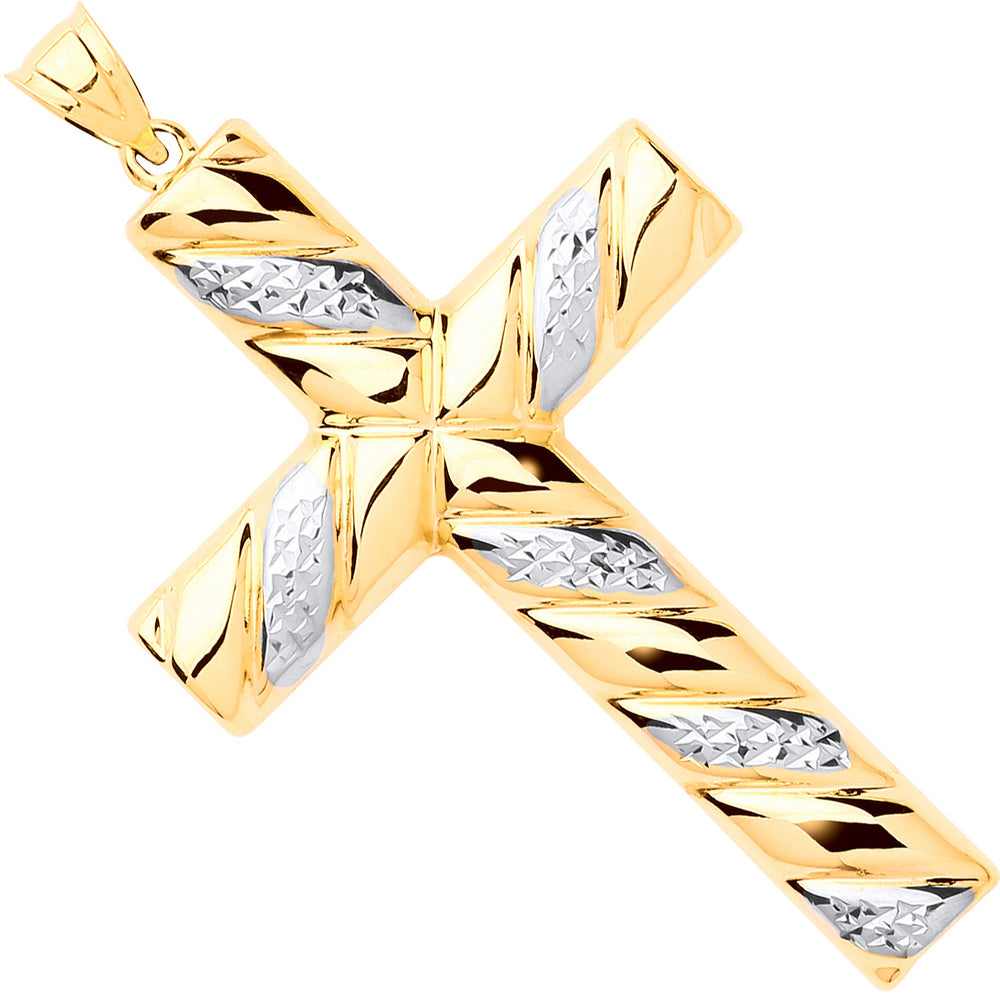 Yellow & White Gold Large Hollow Tube Ribbed Cross