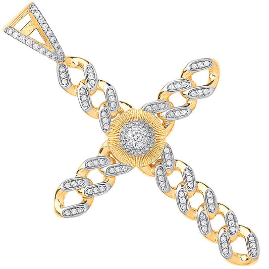 Yellow & White Gold Large Round Charm Cubic Zirconia Curb Link Cross