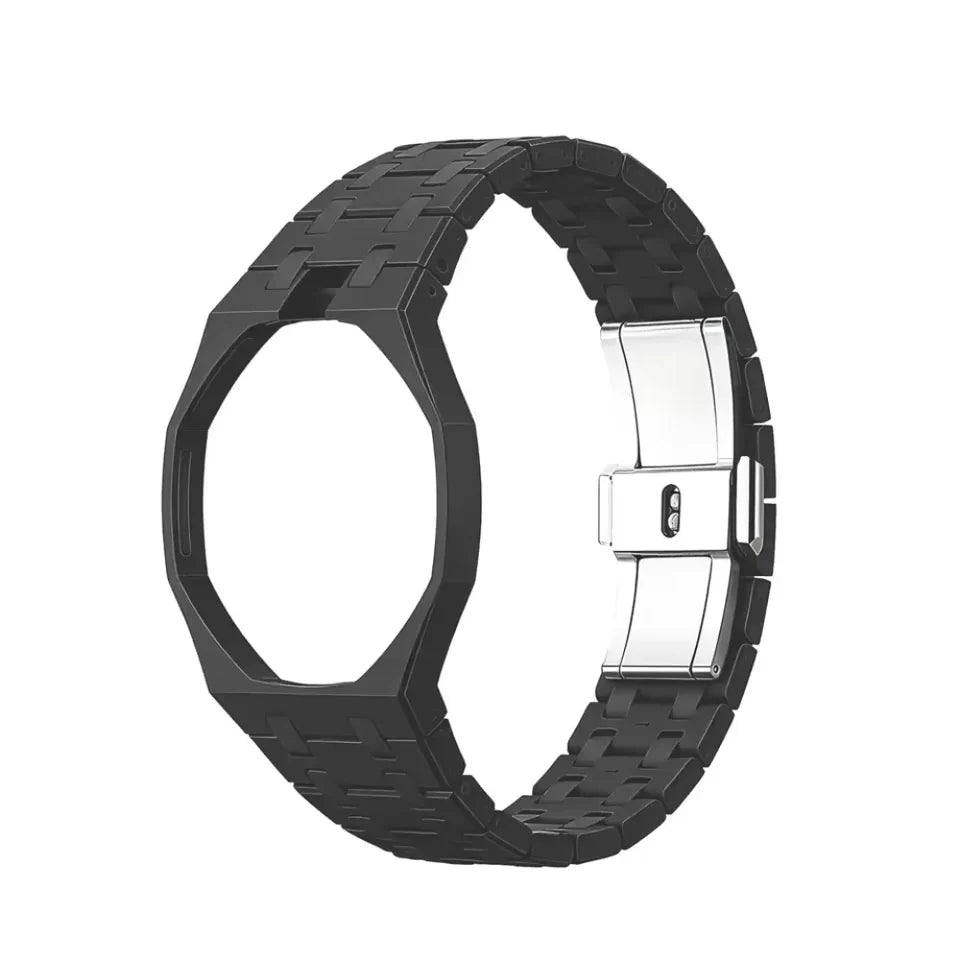 Black textured linked bracelet conversion accessory with clasp on a white background