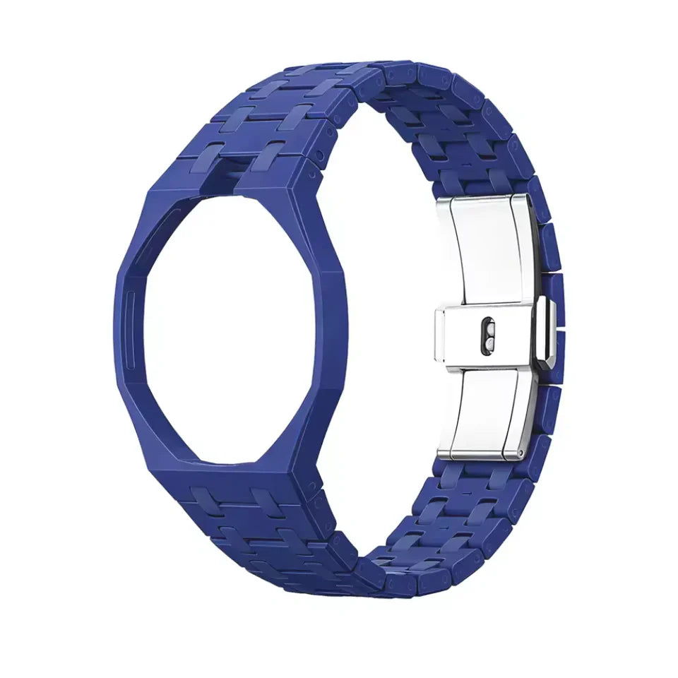 Navy Blue linked bracelet conversion accessory with clasp on a white background