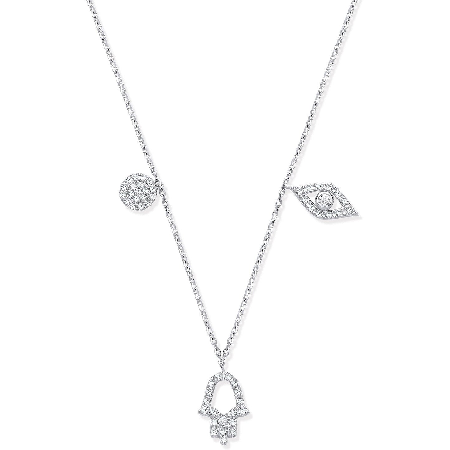 9ct White Gold 0.22ctw Evil Eye, Hamsa & Circle Pendant (18in/45cm) Chain - Fine Necklace – Luxury Jewellery by Imperi