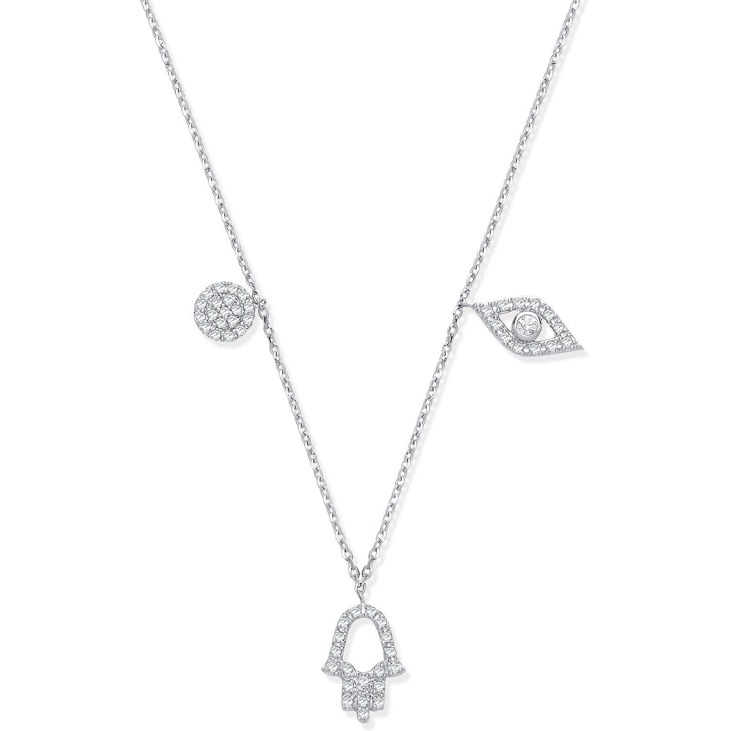 9ct White Gold 0.22ctw Evil Eye, Hamsa & Circle Pendant (18in/45cm) Chain - Fine Necklace – Luxury Jewellery by Imperi