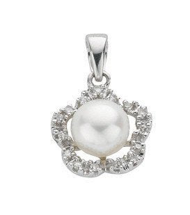 9ct White Gold 0.10ct Diamond & Freshwater Pearl Pendant - Fine Necklace - Certified Authenti – Luxury Jewellery by Im