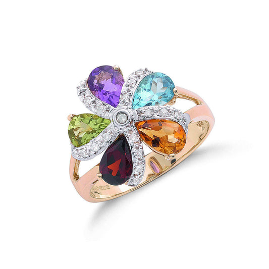 9ct Yellow Gold Diamond & Multi Colour St Flower / Cluster Ring - Fine Ring - Certified Authe – Luxury Jewellery by Im