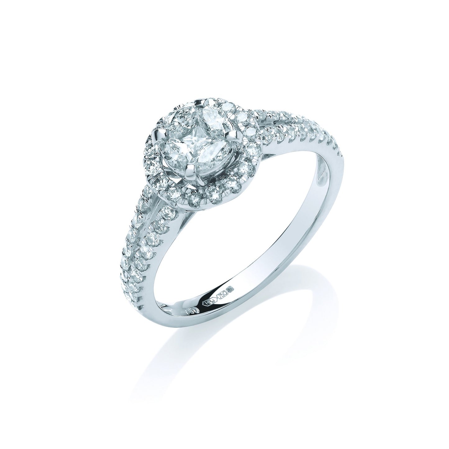18ct White Gold 0.66ct Halo Style Split Shank Diamond Ring