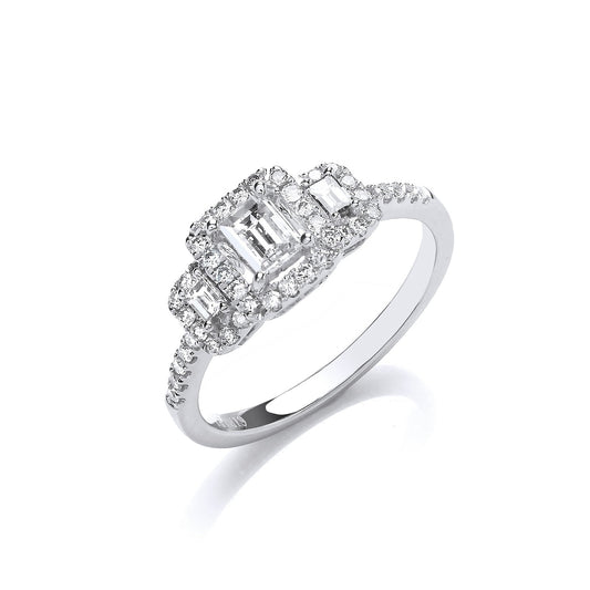 18ct White Gold Emerald Cut 0.75ct Halo Style Trilogy Ring