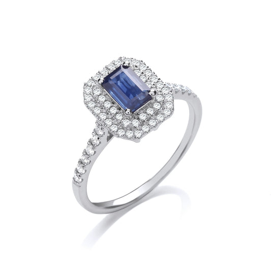 9ct White Gold 0.30ct Double Halo Diamond 0.66ct Emerald Cut Sapphire Ring - Fine Ring – Luxury Jewellery by Imperial