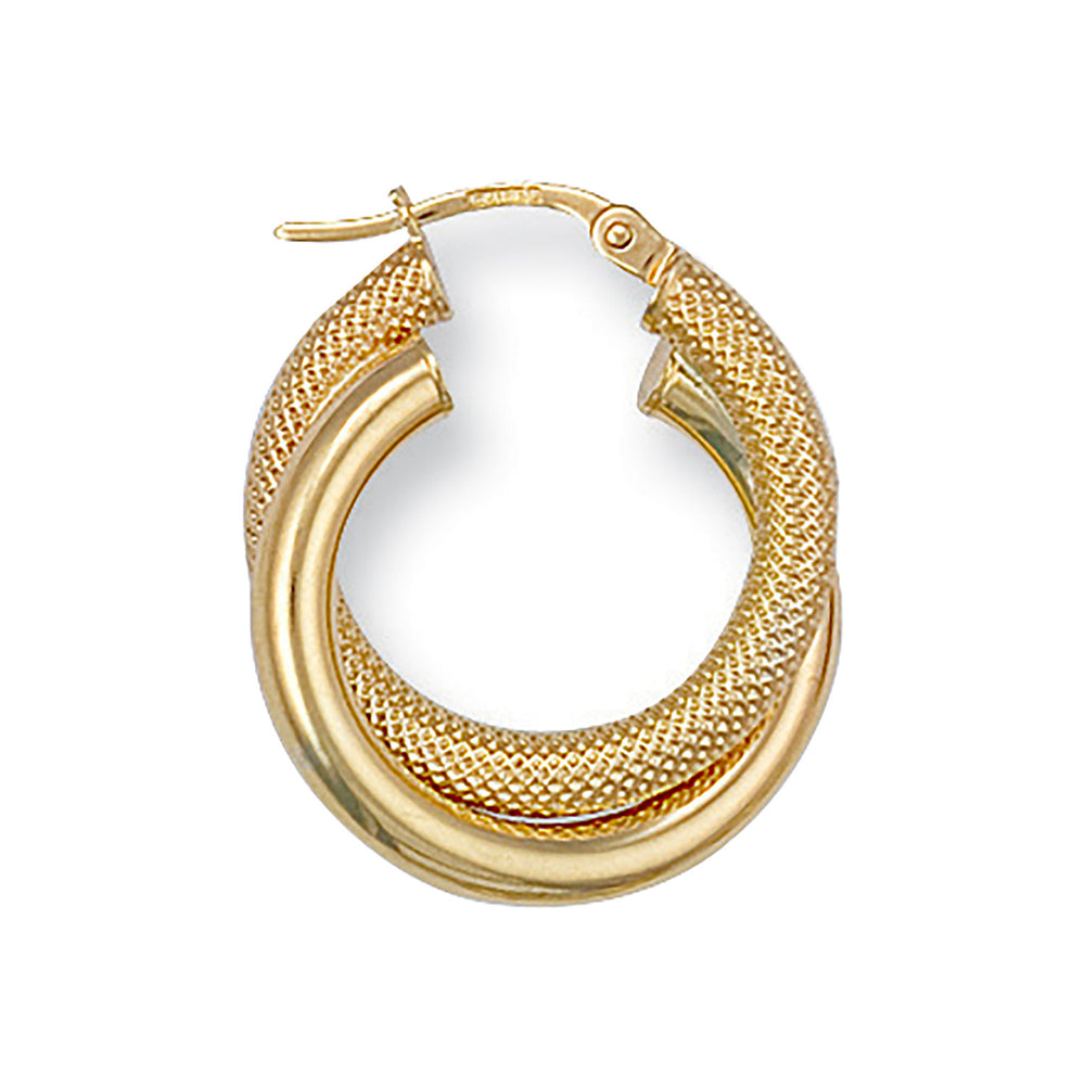 Yellow Gold 21mm Fancy Frosted Double Hoop Earrings