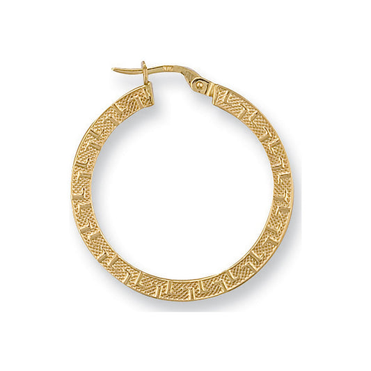 Yellow Gold 30mm Frosted Greek Key Hoop Earrings