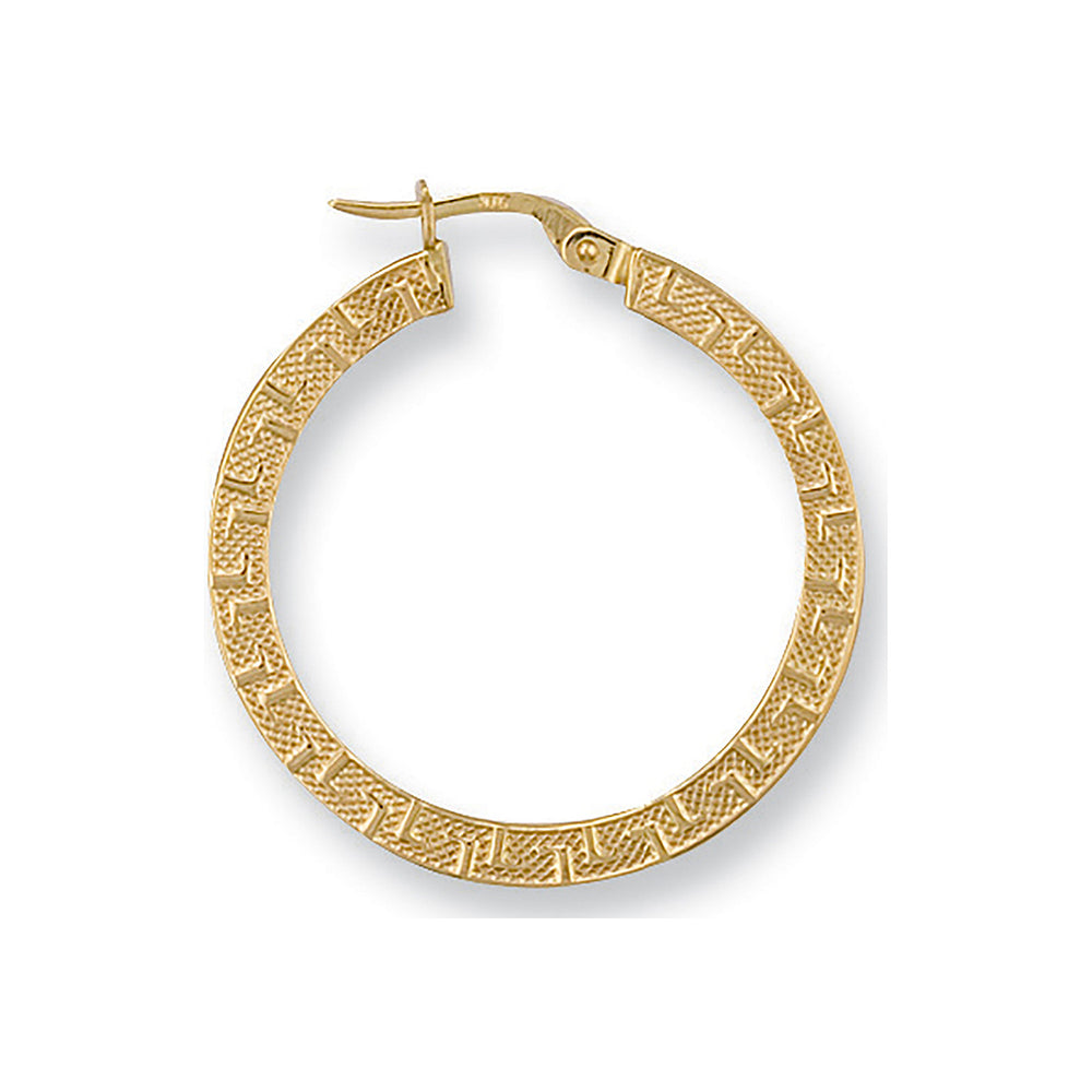 Yellow Gold 30mm Frosted Greek Key Hoop Earrings