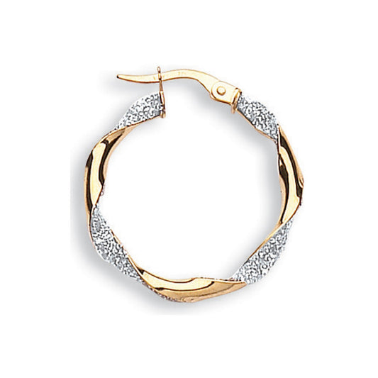 Yellow & White Gold Glitter Finish Twisted 25mm Hoop Earrings - Fine Ring - Certified Authent – Luxury Jewellery by Im