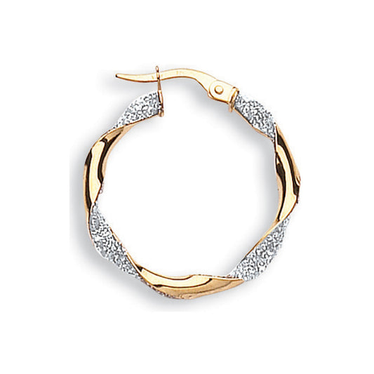 Yellow & White Gold Glitter Finish Twisted 25mm Hoop Earrings
