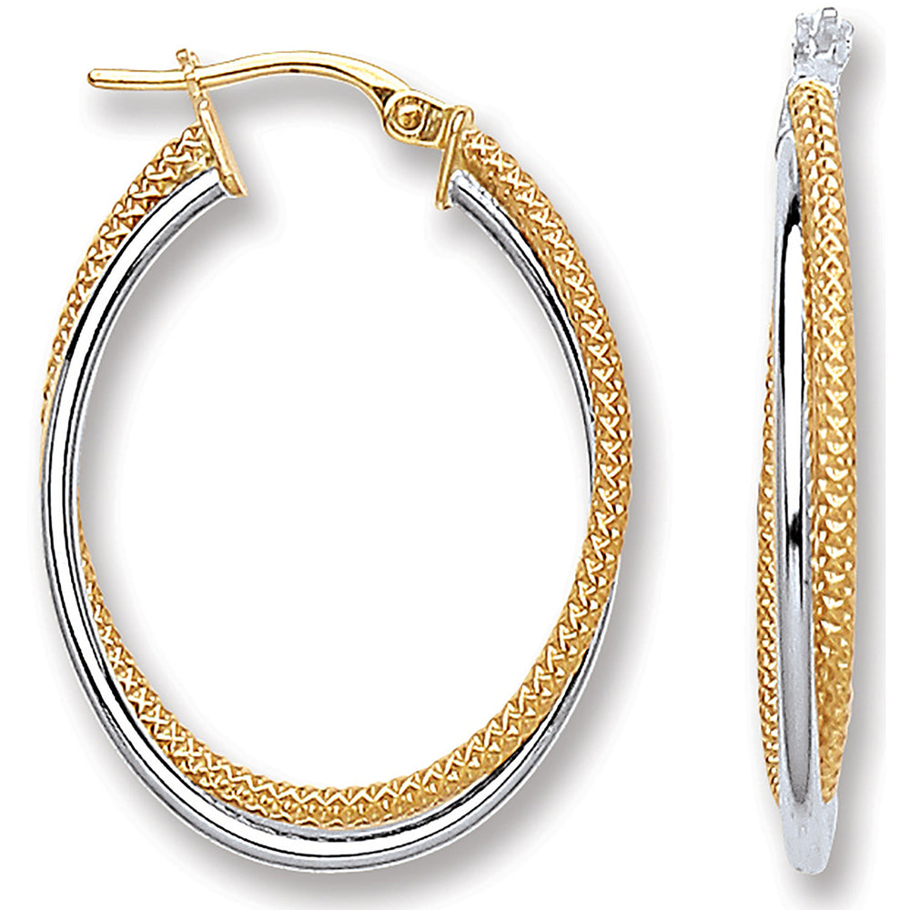 White & Yellow Gold Oval Double Hoop Earrings