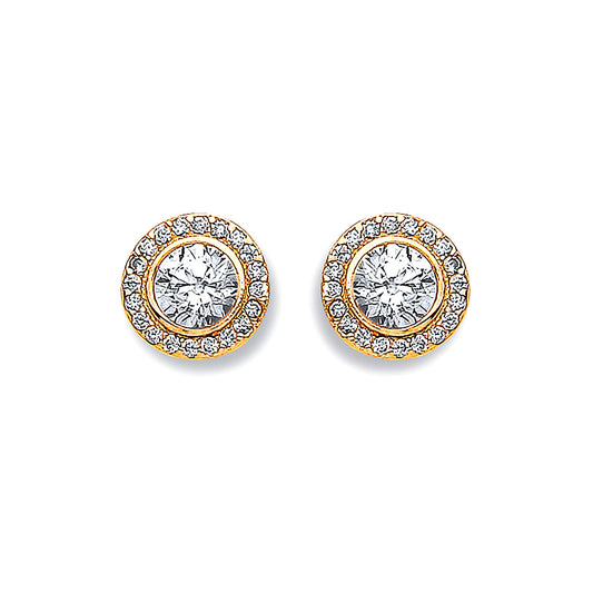 Yellow Gold 9mm Halo Cubic Zirconia Stud