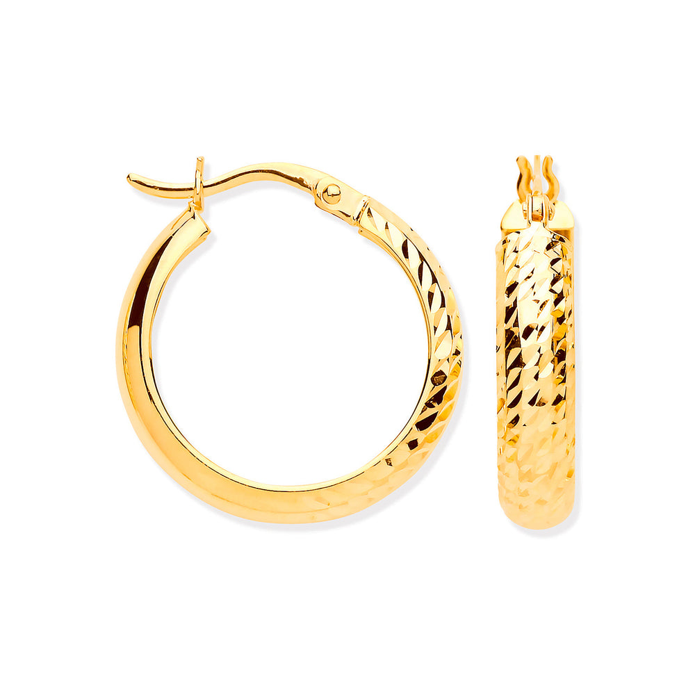 Yellow Gold 19mm Half DC Half Plain Hoop Earrings
