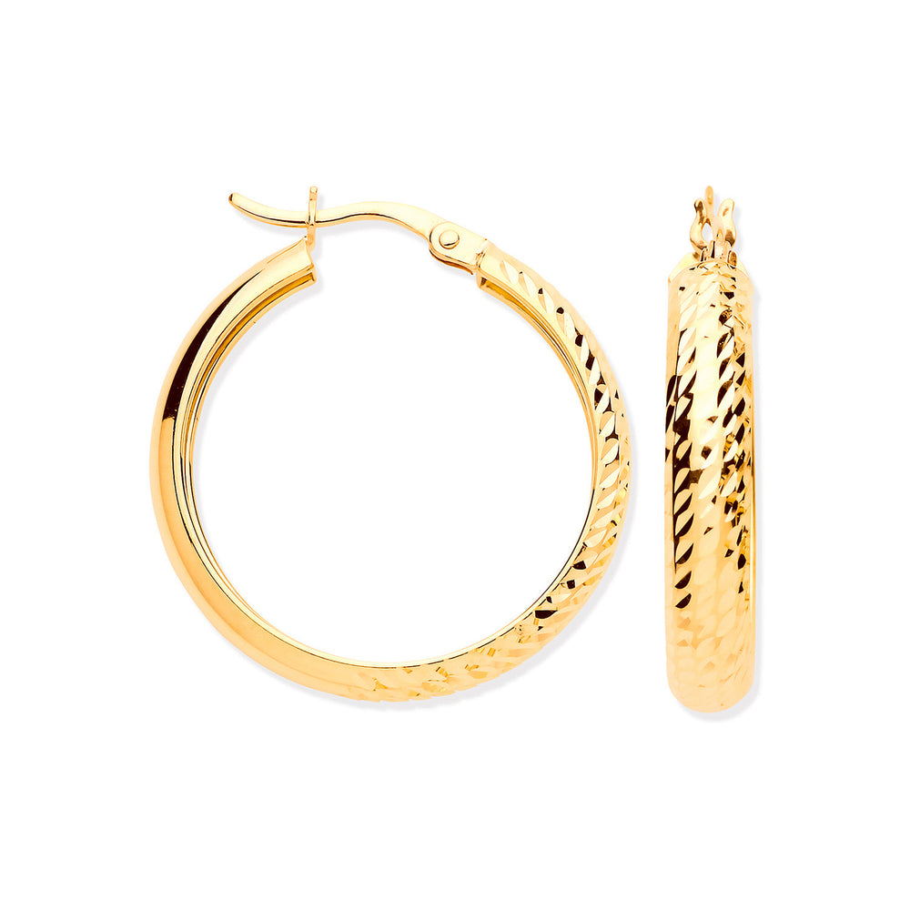 9ct Yellow Gold 24mm Half D/C Half Plain Hoop Earrings
