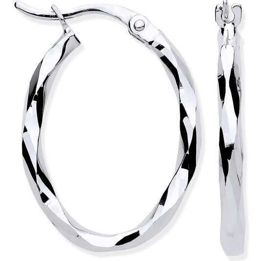 White Gold Faceted Oval Hoop Earrings