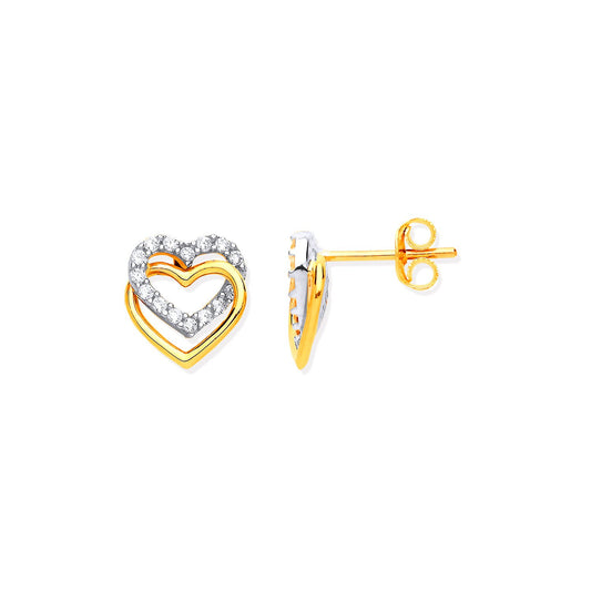 Yellow Gold Double Hearts, Plain & Cubic Zirconia's Stud Earrings