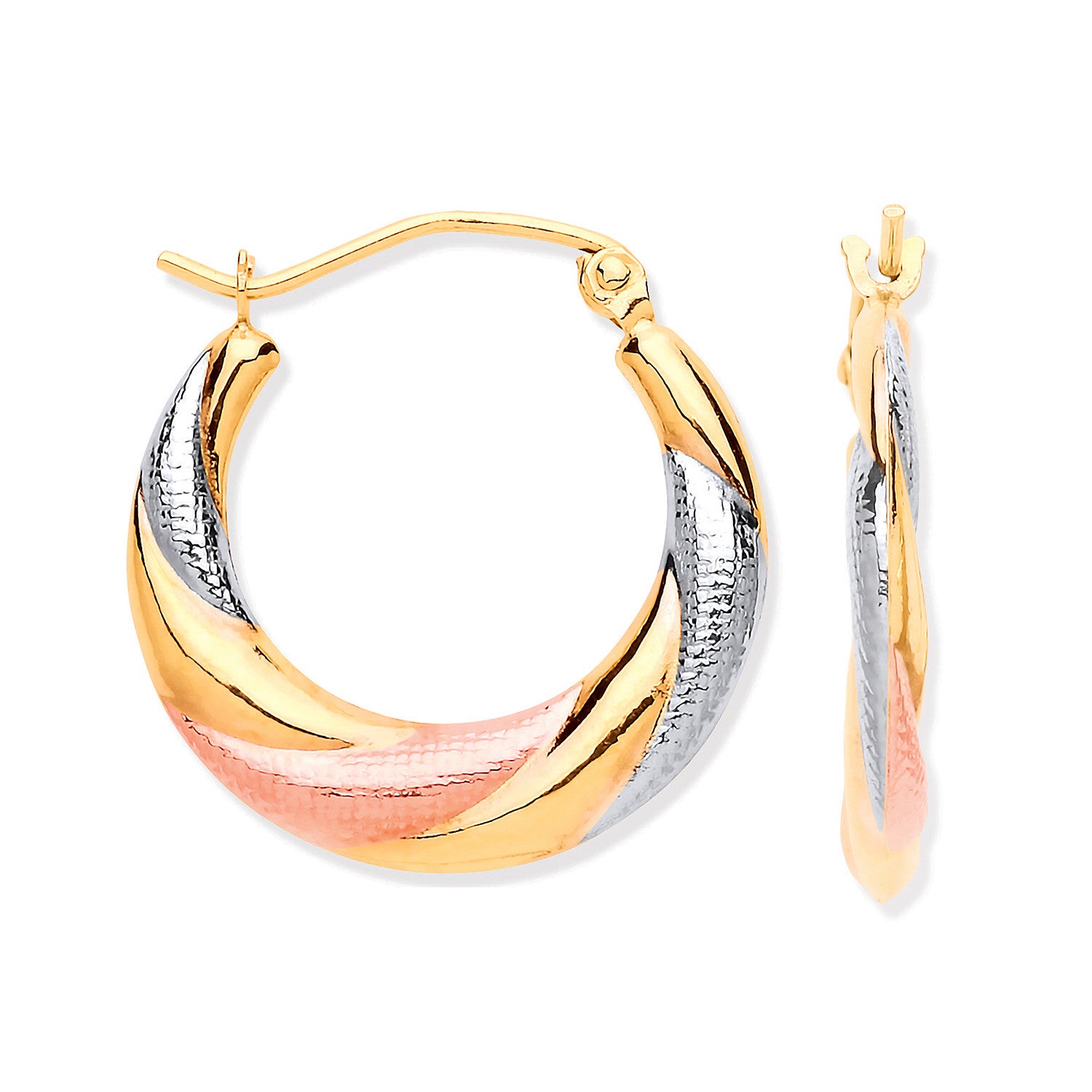 Yellow, White & Rose Gold Twist Hoop Earrings