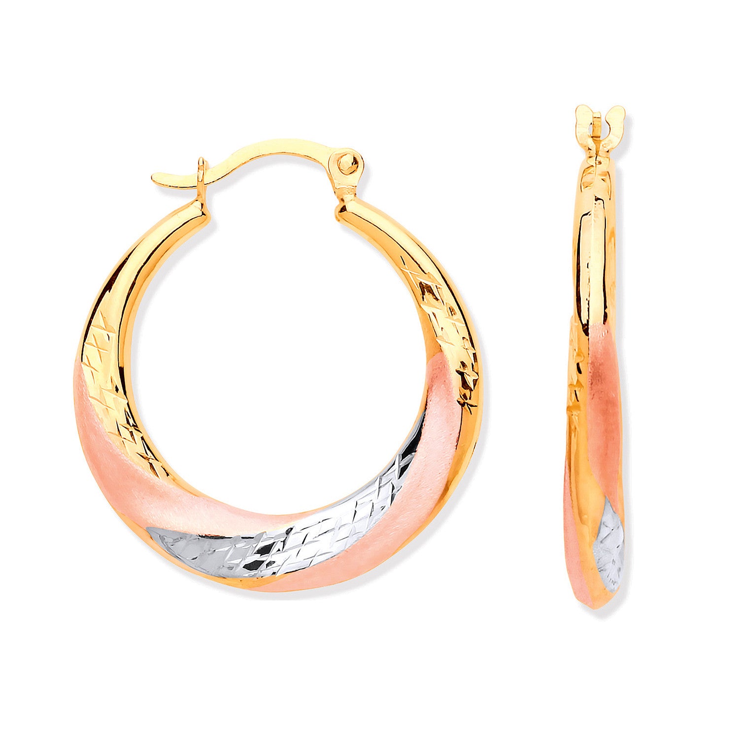Yellow, White & Rose Gold Twist Hoop Earrings