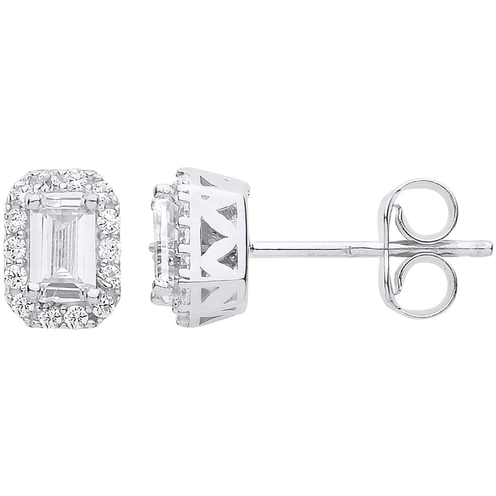 White Gold Baguette Halo Stud Earrings
