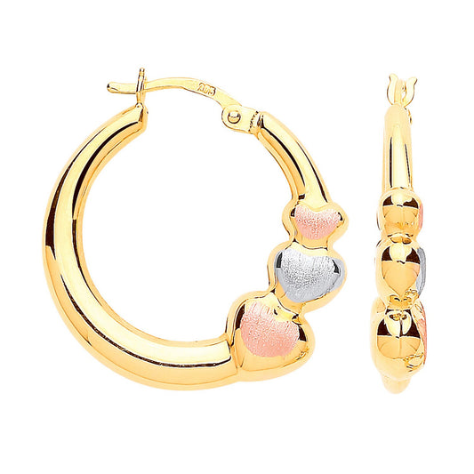Yellow Gold With R&white Gold Satin Finish Large Hearts Hoop Earrings