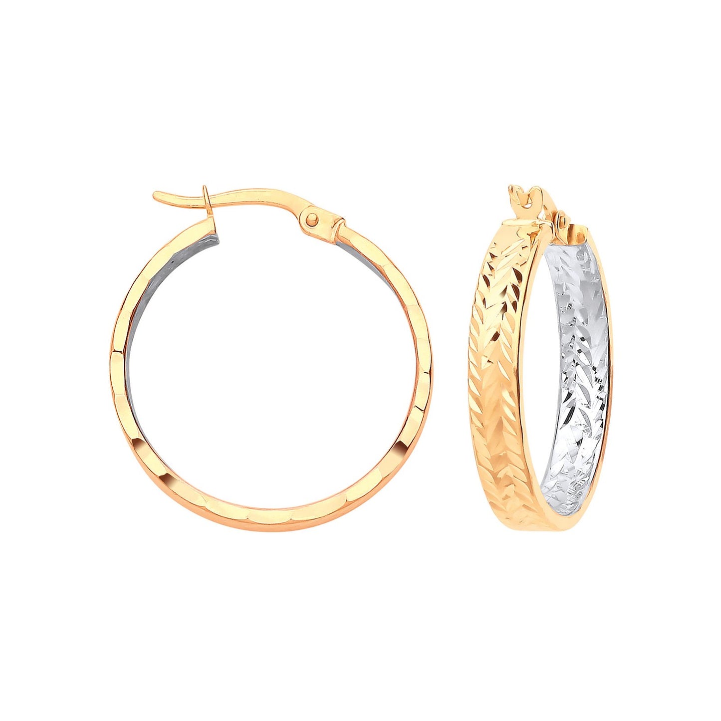 Yellow Gold & White Gold Inside Tyre Tread Design Hoop Earrings
