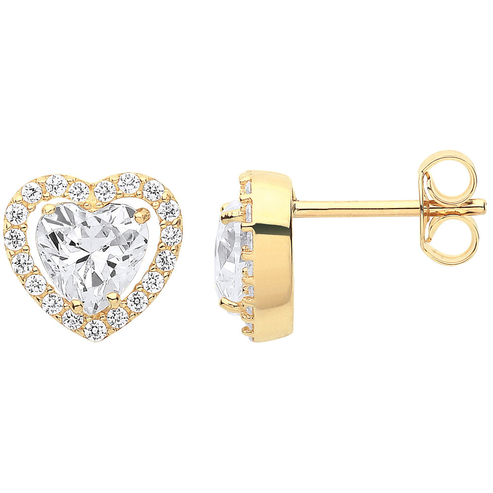 Yellow Gold Heart Halo Style Cubic Zirconia Stud Earrings