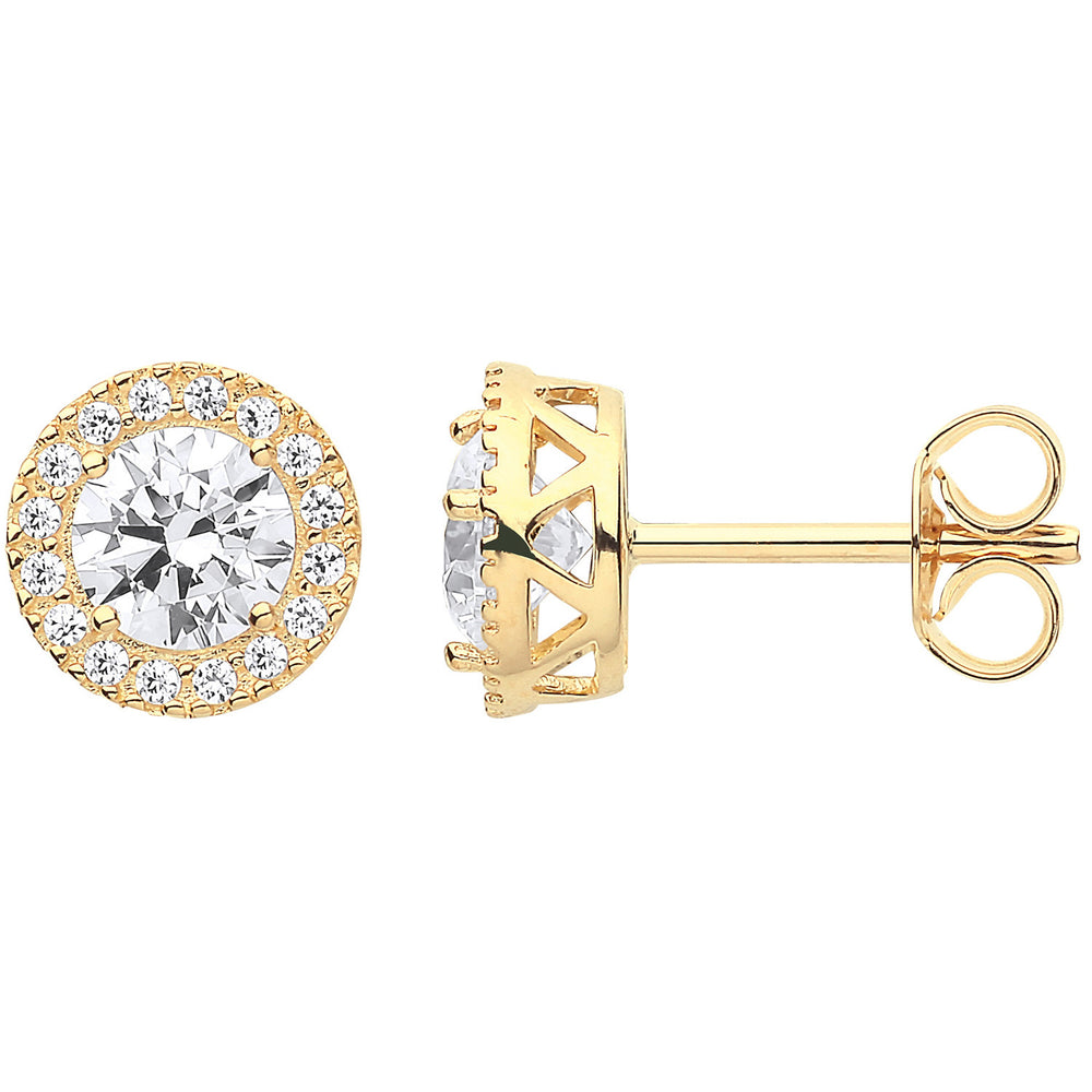 Yellow Gold 8mm Round Cubic Zirconia Halo Stud Earrings