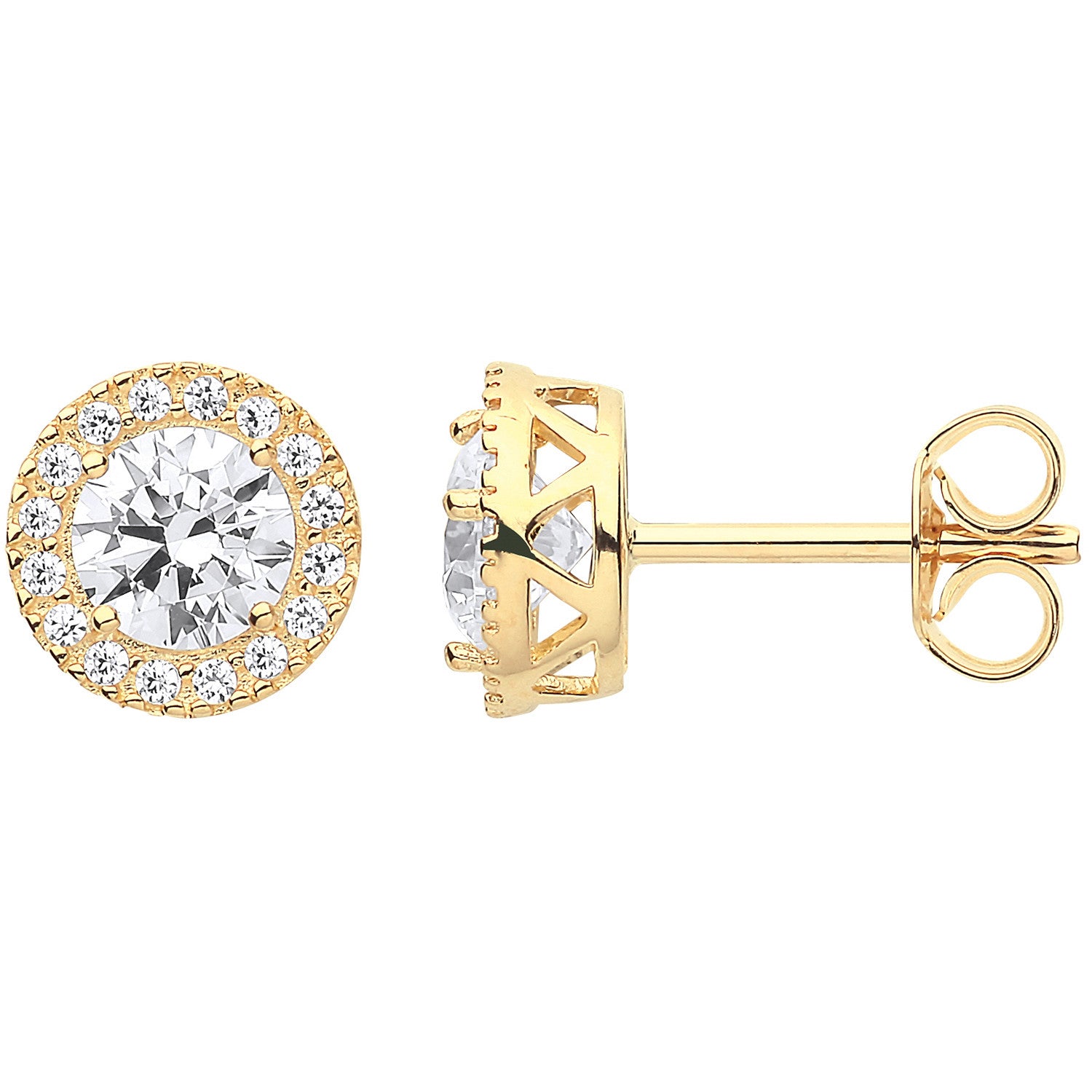 Yellow Gold 8mm Round Cubic Zirconia Halo Stud Earrings