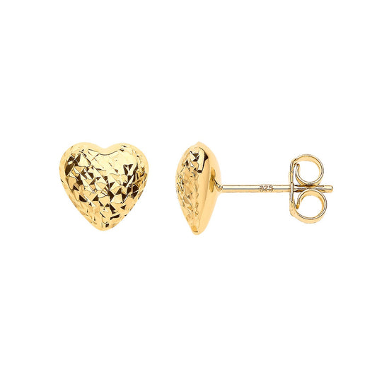Yellow Gold Puffed D/c Heart Stud Earrings