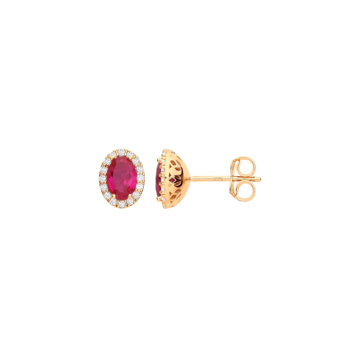 Yellow Gold Oval Ruby Red Cubic Zirconia Stud Earrings