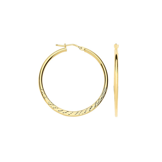 Yellow Gold 30mm Half D/c Half Plain Hoops