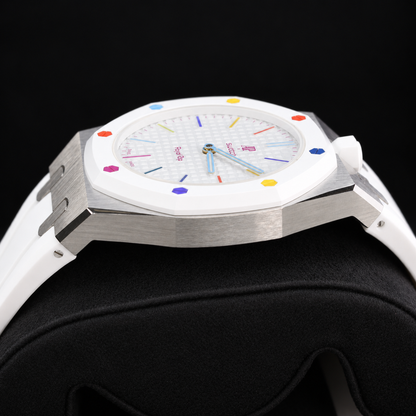 Swatch x Audemars Piguet Royal Pop HUIT BLANC SSX03W100N with metal case and white rubber strap – product view 5