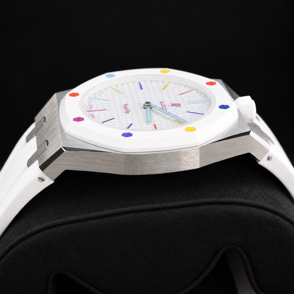 Swatch x Audemars Piguet Royal Pop HUIT BLANC SSX03W100N with metal case and white rubber strap – product view 5