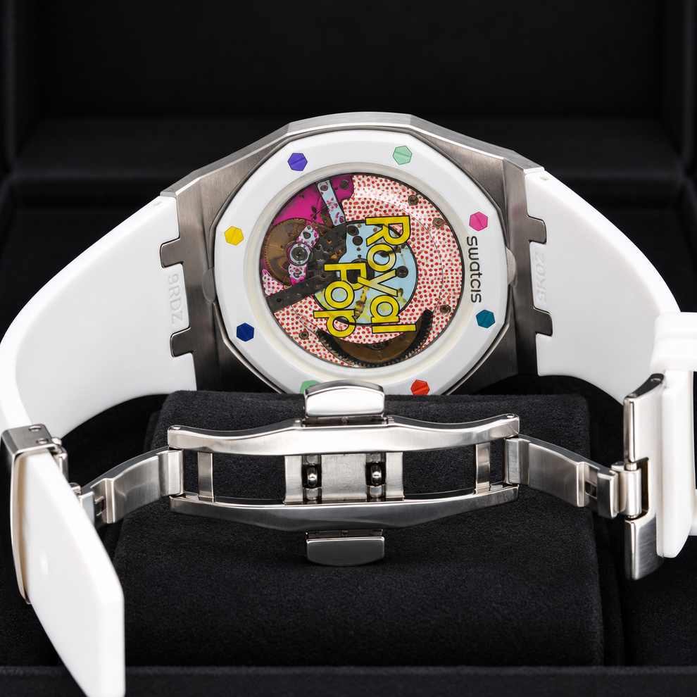 Swatch x Audemars Piguet Royal Pop HUIT BLANC SSX03W100N with metal case and white rubber strap – product view 4