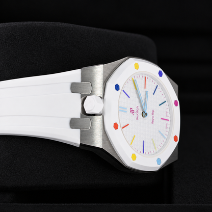 Swatch x Audemars Piguet Royal Pop HUIT BLANC SSX03W100N with metal case and white rubber strap – product view 6