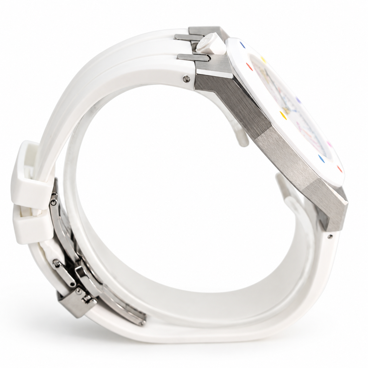 Swatch x Audemars Piguet Royal Pop HUIT BLANC SSX03W100N with metal case and white rubber strap – product view 7