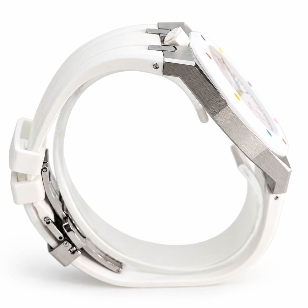 Swatch x Audemars Piguet Royal Pop HUIT BLANC SSX03W100N with metal case and white rubber strap – product view 7