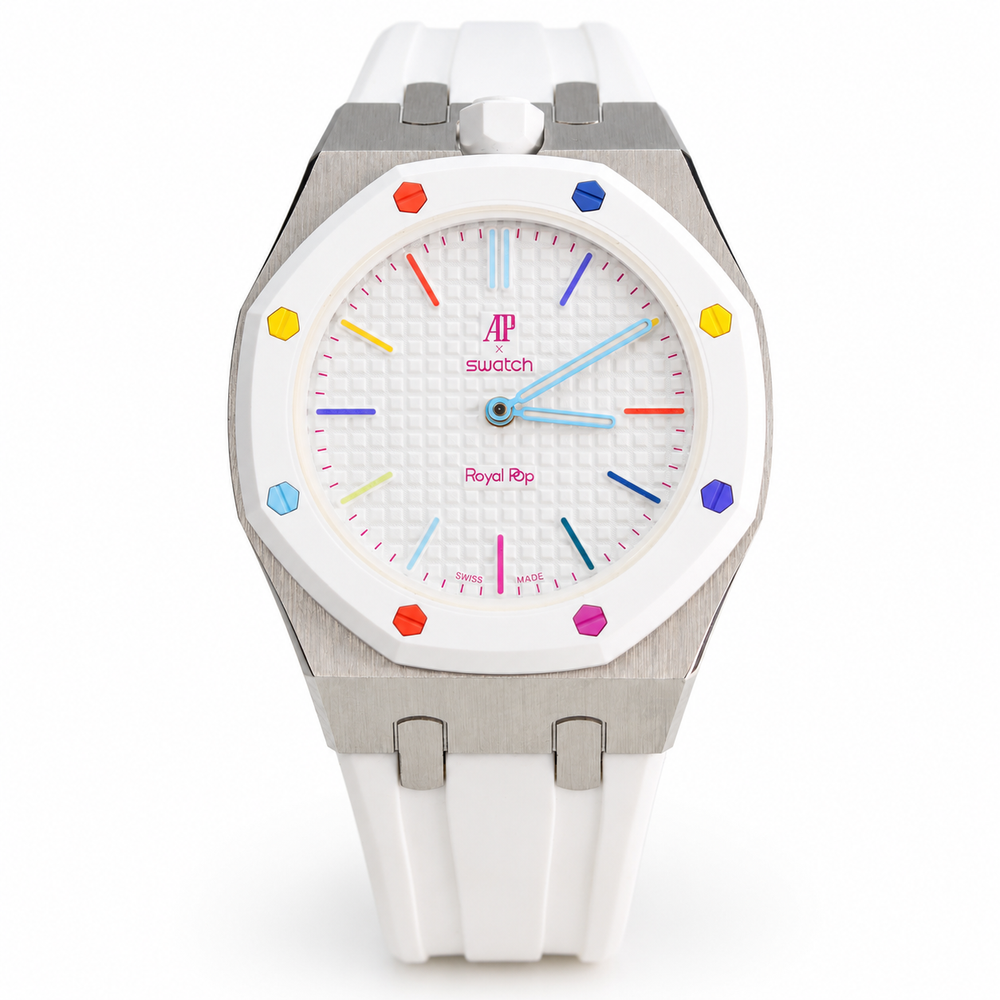 Swatch x Audemars Piguet Royal Pop HUIT BLANC SSX03W100N with metal case and white rubber strap – product view 1