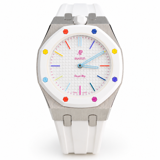 Swatch x Audemars Piguet Royal Pop HUIT BLANC SSX03W100N with metal case and white rubber strap – product view 1