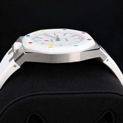 Swatch x Audemars Piguet Royal Pop HUIT BLANC SSX03W100N with metal case and white rubber strap – product view 12