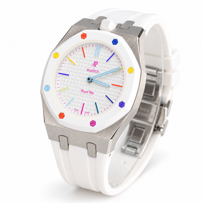 Swatch x Audemars Piguet Royal Pop HUIT BLANC SSX03W100N with metal case and white rubber strap – product view 3