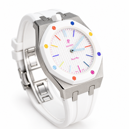 Swatch x Audemars Piguet Royal Pop HUIT BLANC SSX03W100N with metal case and white rubber strap – product view 2