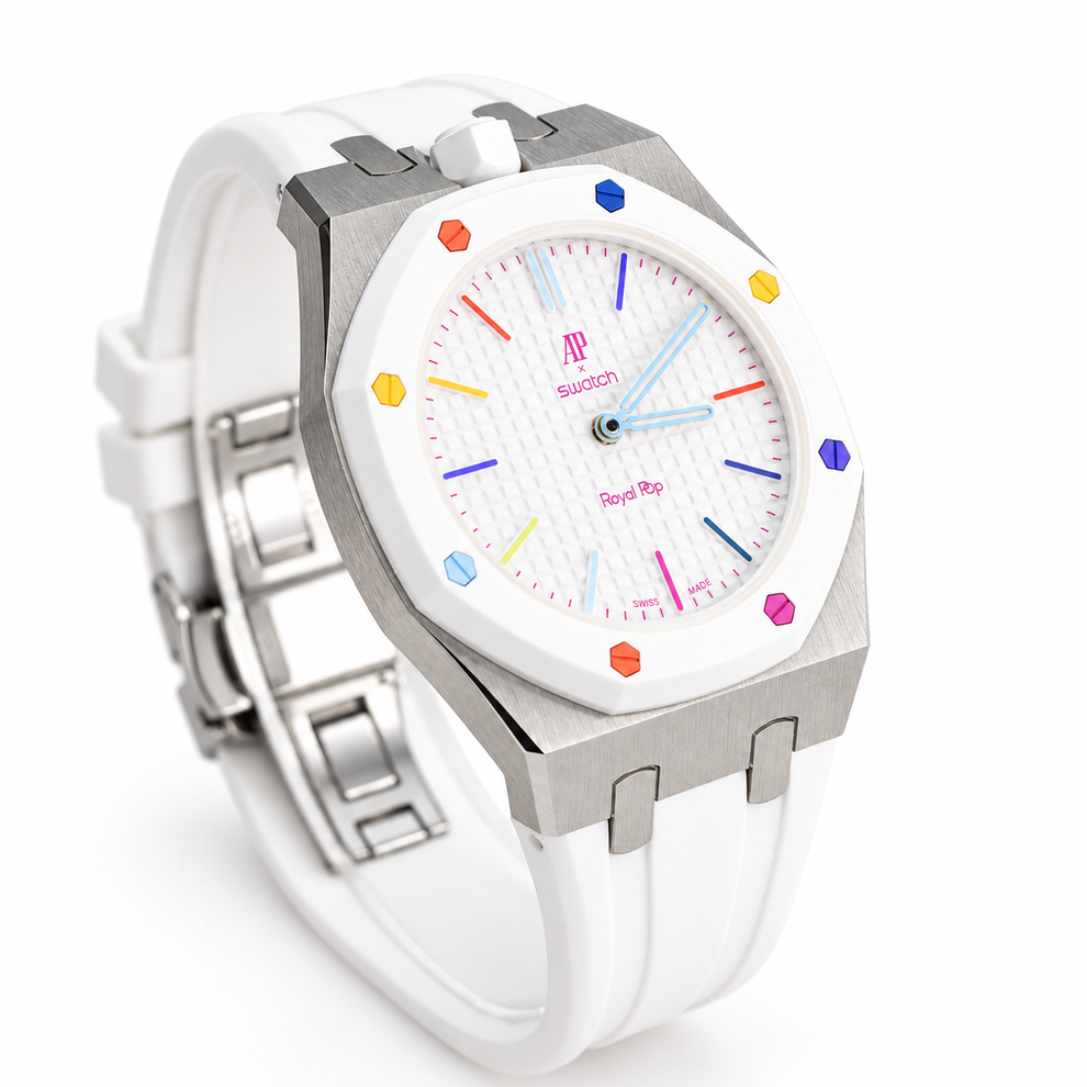 Swatch x Audemars Piguet Royal Pop HUIT BLANC SSX03W100N with metal case and white rubber strap – product view 2