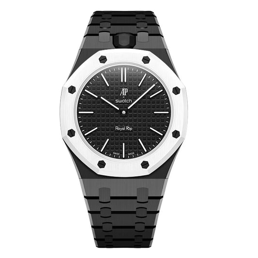 A Swatch Royal Ripper wristwatch featuring a black textured dial, a silver-toned octagonal bezel with black screws, and a black link bracelet, shown against a plain white background.