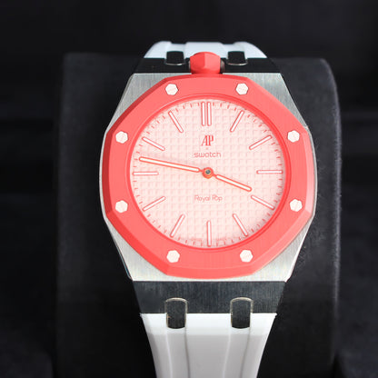 Royal Pop Otto Rosso SSX03R100N pink dial and cherry-red Bioceramic bezel, product photograph